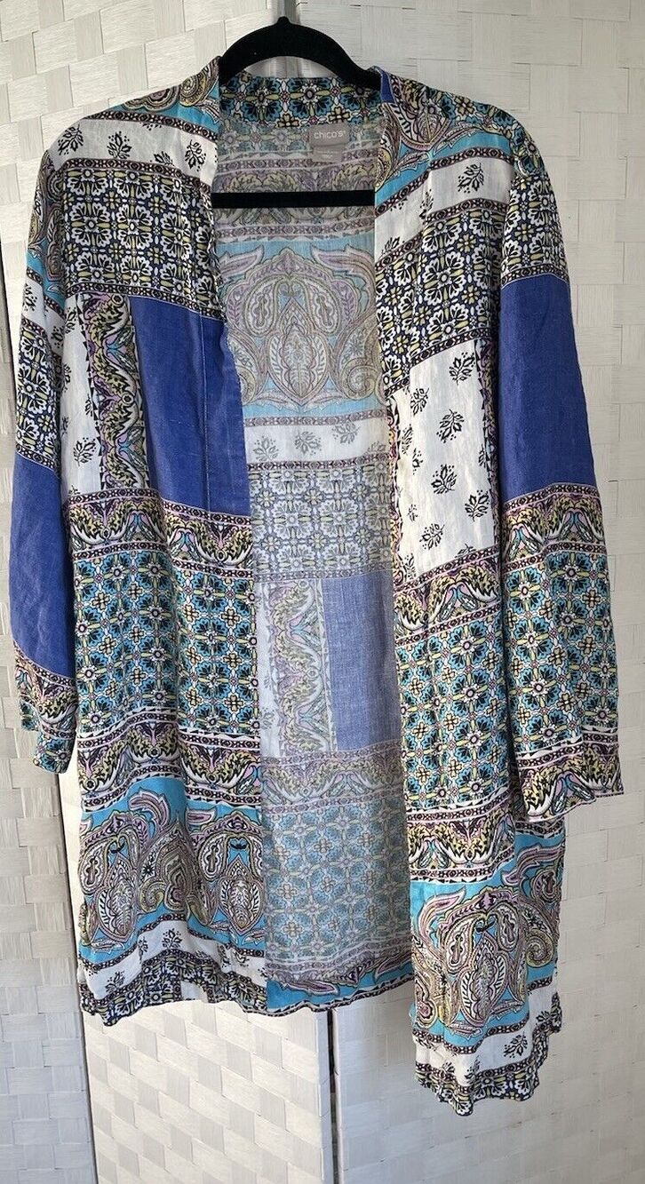 Chicos Patchwork Linen Duster Size 3 Open Front 3/4 Sleeve Women’s Cardigan